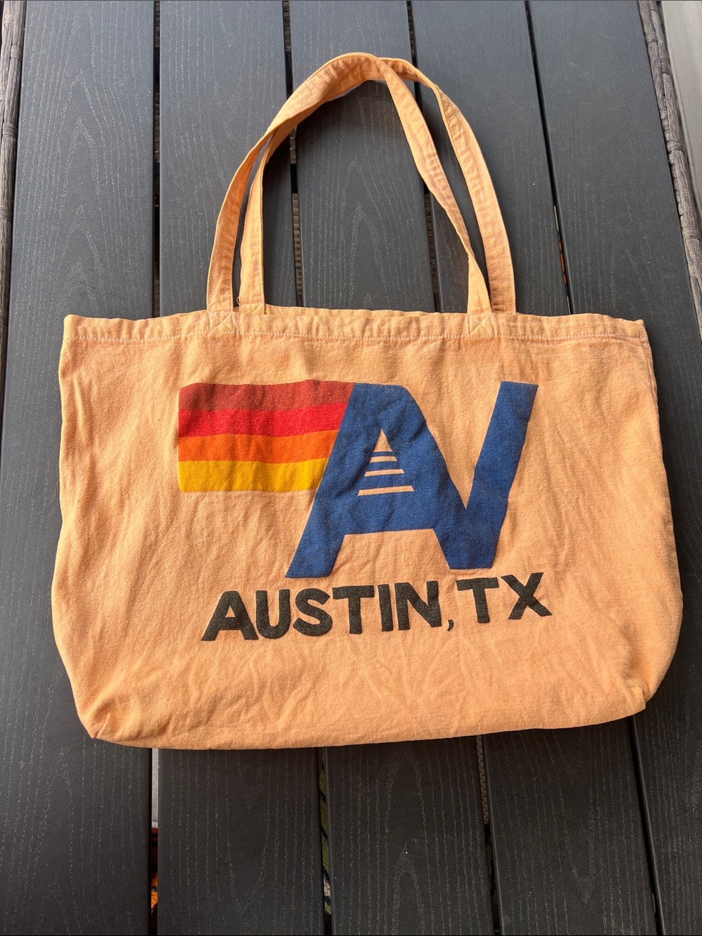 AV Austin, TX Canvas Tote Bag in Peach with Blue Logo
